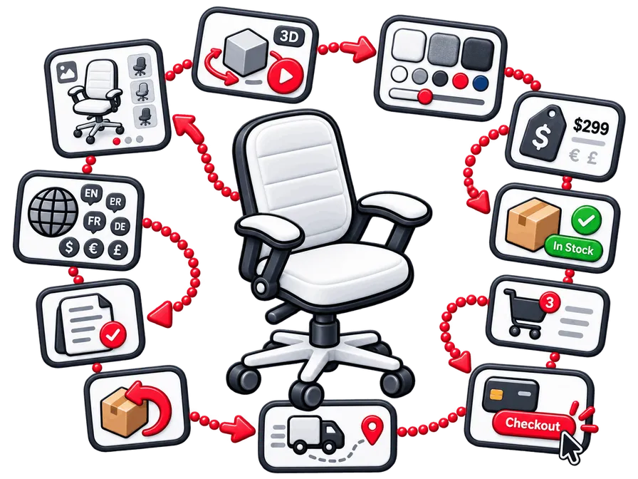 The full selling lifecycle around one configurable chair: gallery, 3D, configuration, pricing, stock, cart, checkout, payment, shipping, invoices, returns and languages.