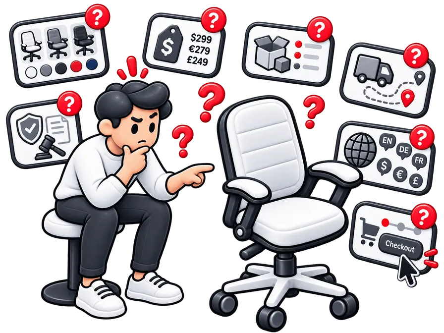 A founder facing open questions about a configurable chair: options, multi-currency pricing, stock, shipping, tax and legal rules, languages and checkout.