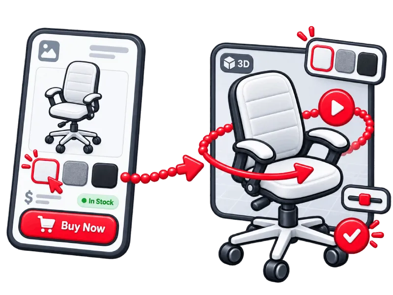 A flat product surface with colour options, stock status and a Buy Now button, with the same configuration carried across into the interactive 3D experience.